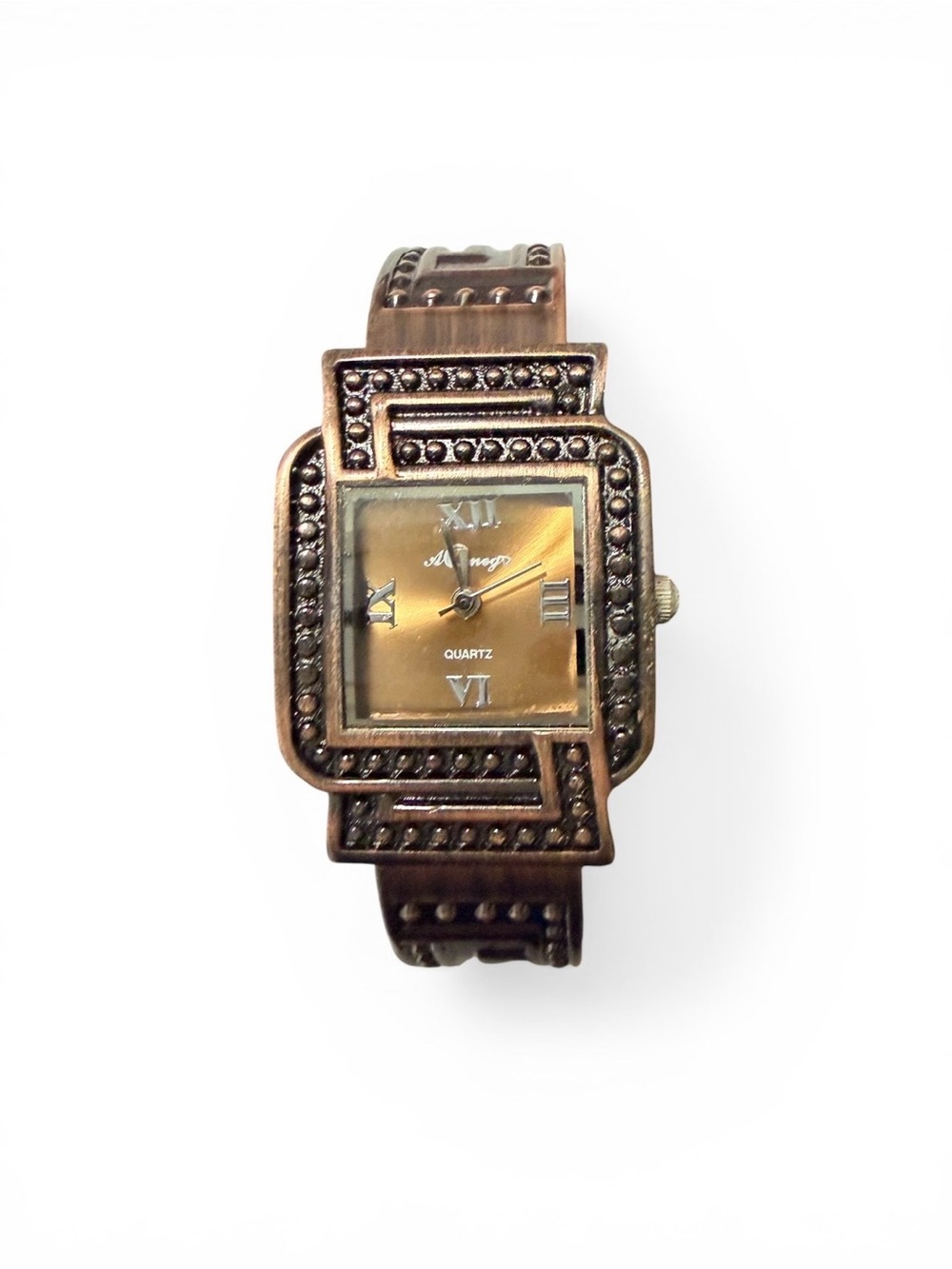Vintage Style Copper Tone Cuff Bracelet Watch Quartz Roman Numerals Women’s